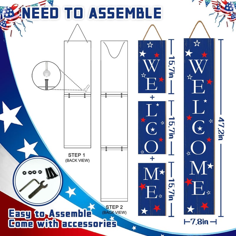 Seimip 4th of July Patriotic Welcome Porch Sign for Outdoor, American Flag Front Door Sign For Patio, 47" Blue Standing Yard Sign USA Wooden Signs Seasons Garden Decorations Vertical Signs for Indoor Wall - Image 5